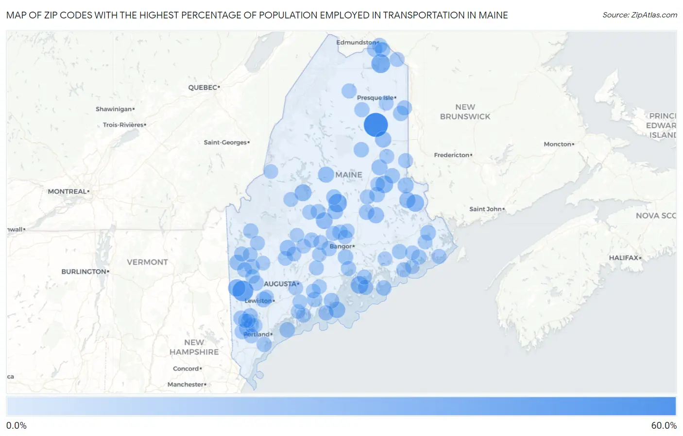 Zip Codes with the Highest Percentage of Population Employed in Transportation in Maine Map