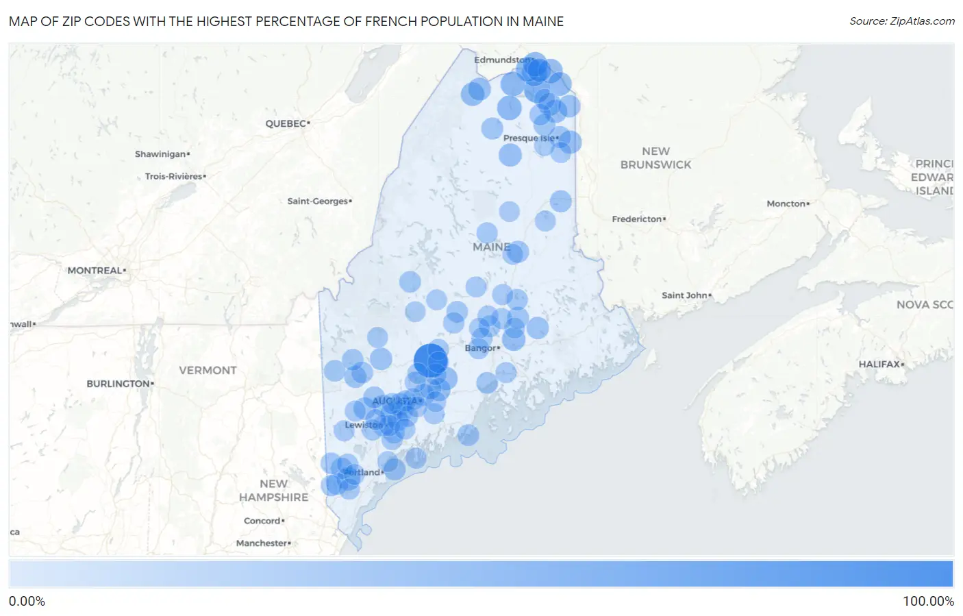 Zip Codes with the Highest Percentage of French Population in Maine Map
