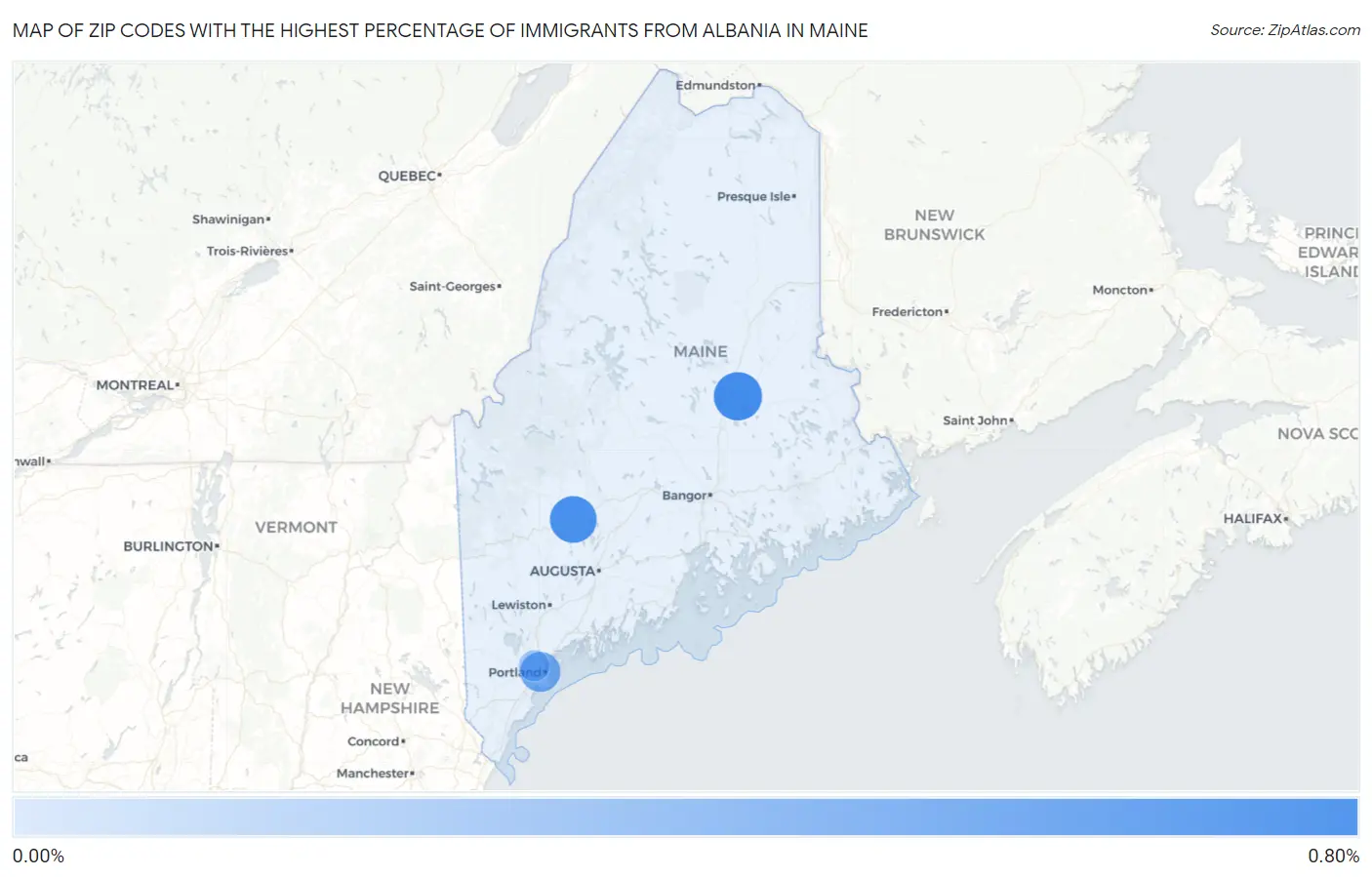 Zip Codes with the Highest Percentage of Immigrants from Albania in Maine Map