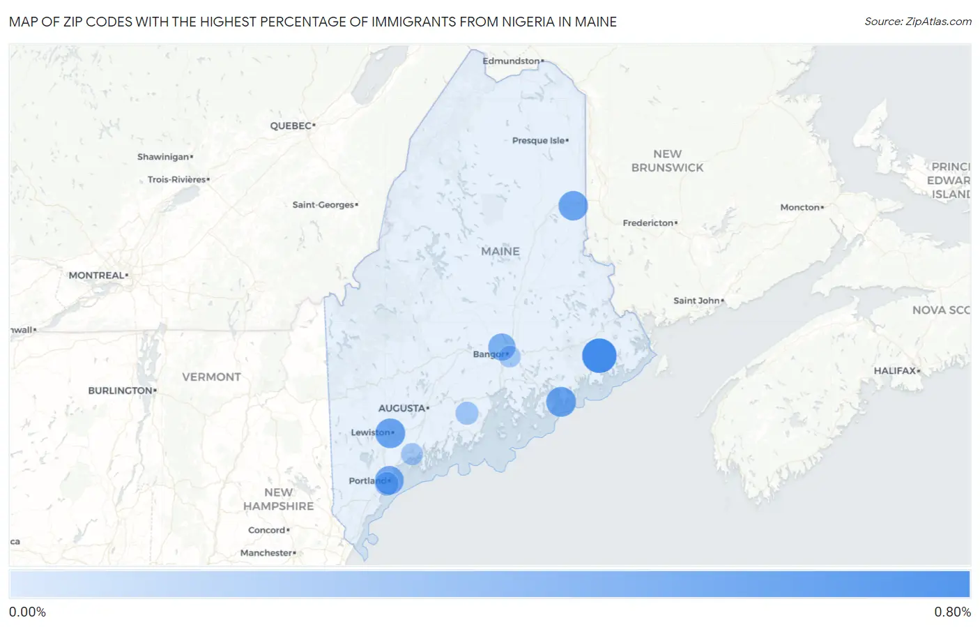 Zip Codes with the Highest Percentage of Immigrants from Nigeria in Maine Map