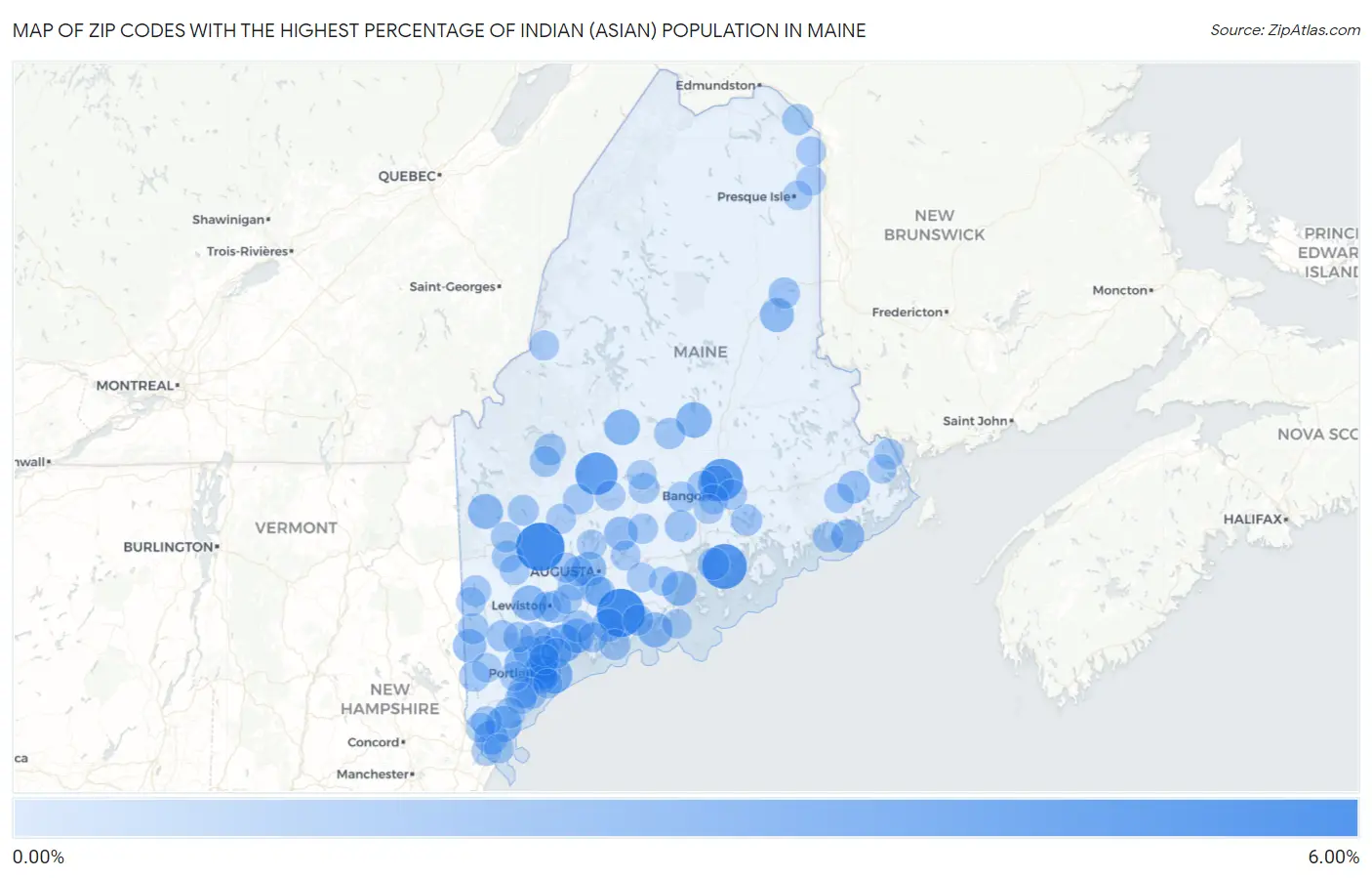 Zip Codes with the Highest Percentage of Indian (Asian) Population in Maine Map