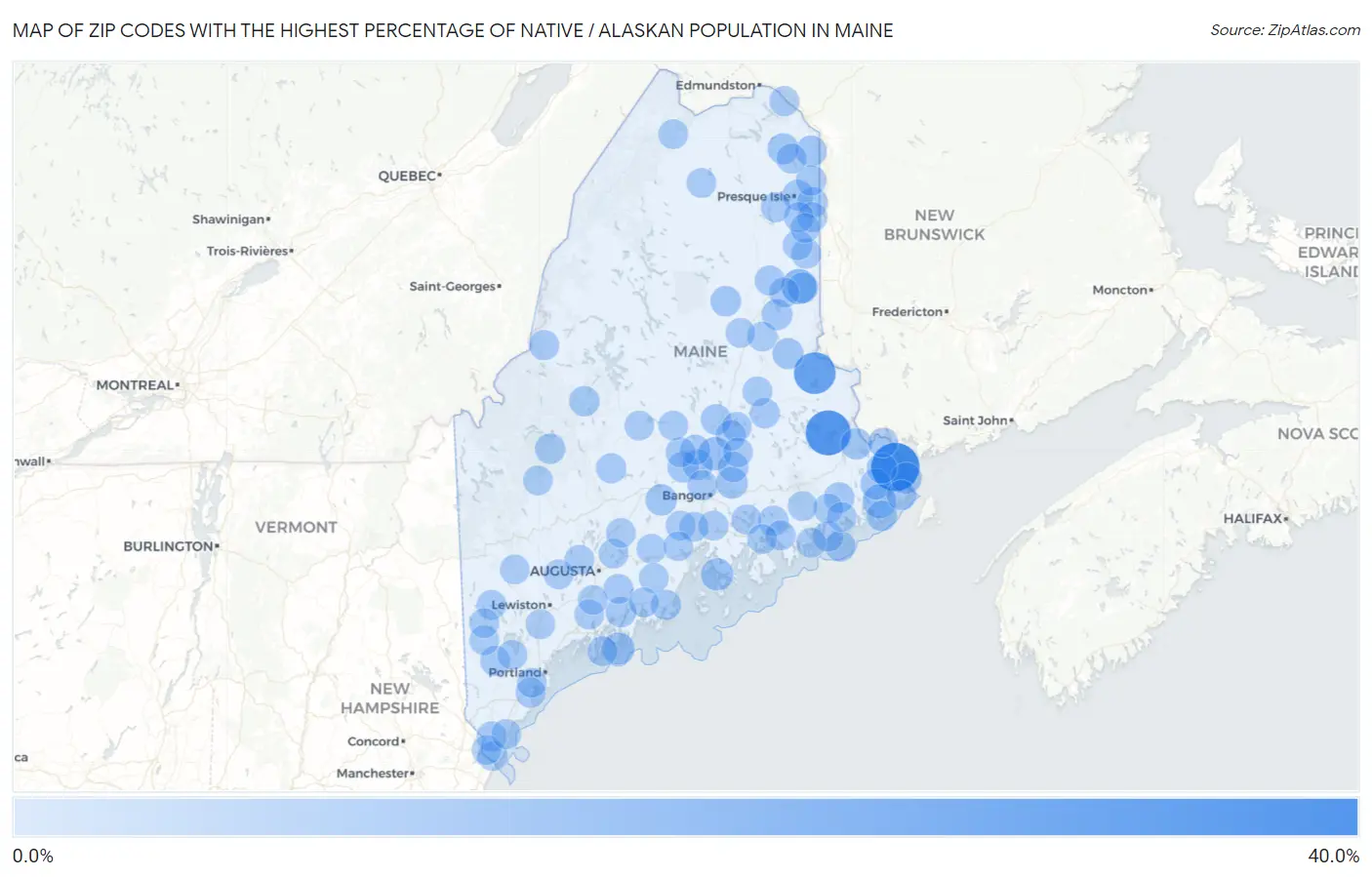 Zip Codes with the Highest Percentage of Native / Alaskan Population in Maine Map