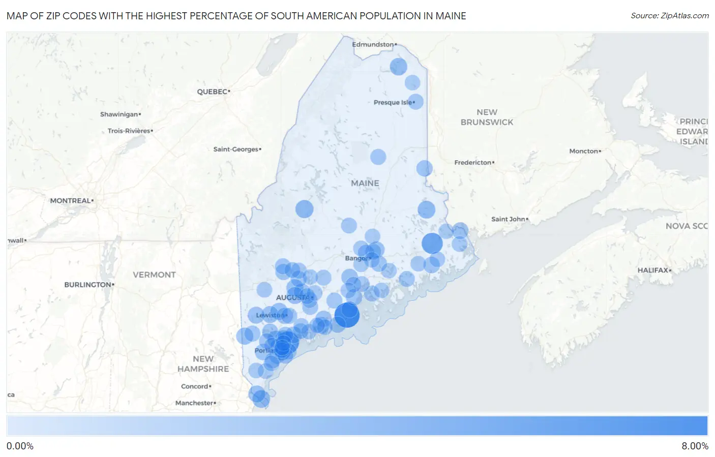 Zip Codes with the Highest Percentage of South American Population in Maine Map