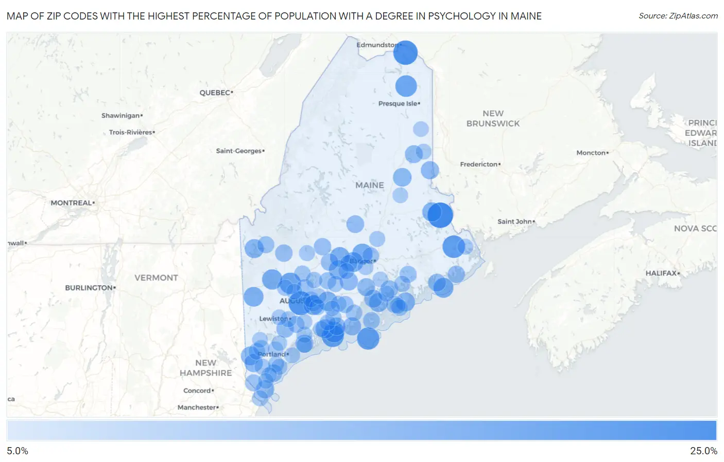 Zip Codes with the Highest Percentage of Population with a Degree in Psychology in Maine Map