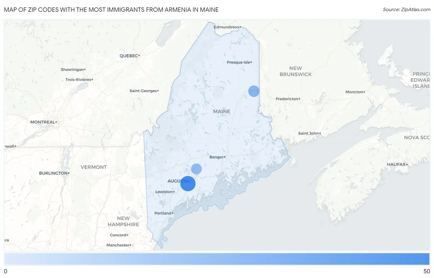 Zip Codes with the Most Immigrants from Armenia in Maine Map