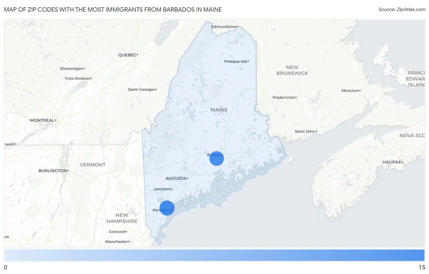 Zip Codes with the Most Immigrants from Barbados in Maine Map