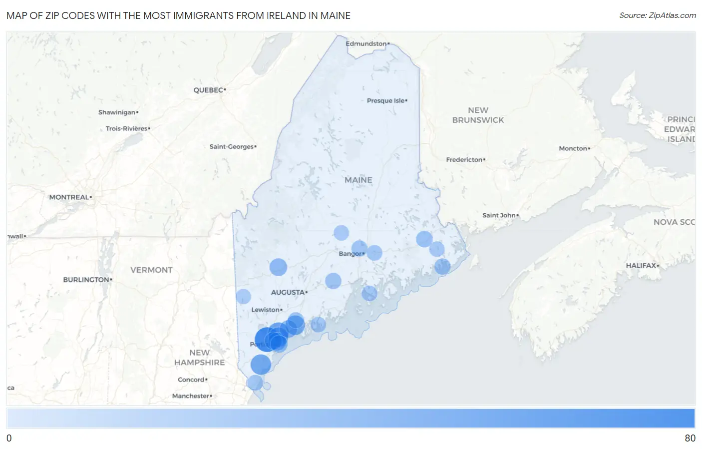 Zip Codes with the Most Immigrants from Ireland in Maine Map