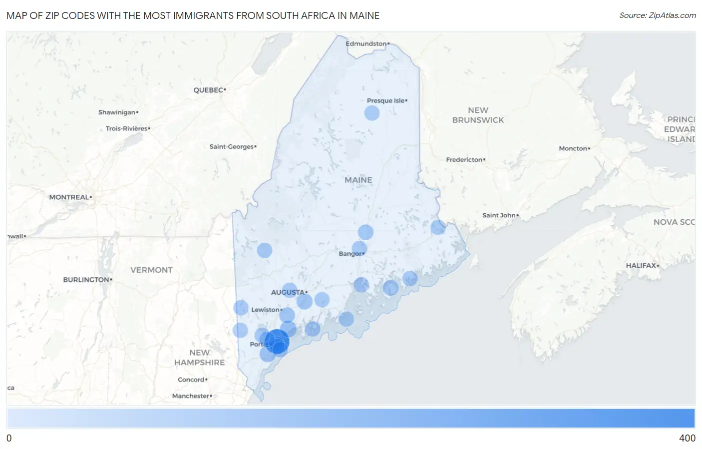 Zip Codes with the Most Immigrants from South Africa in Maine Map