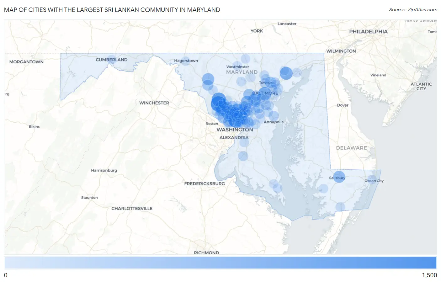 Cities with the Largest Sri Lankan Community in Maryland Map