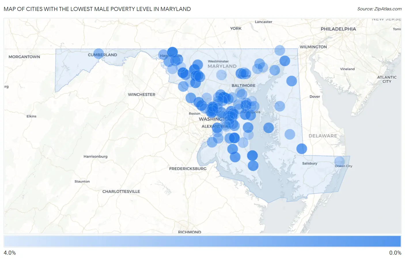 Cities with the Lowest Male Poverty Level in Maryland Map