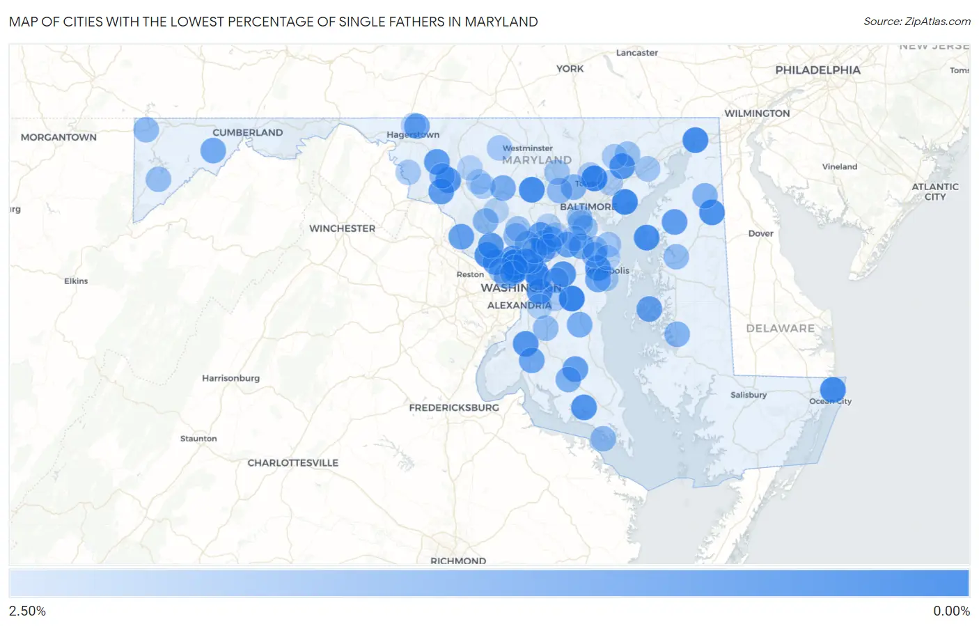 Cities with the Lowest Percentage of Single Fathers in Maryland Map
