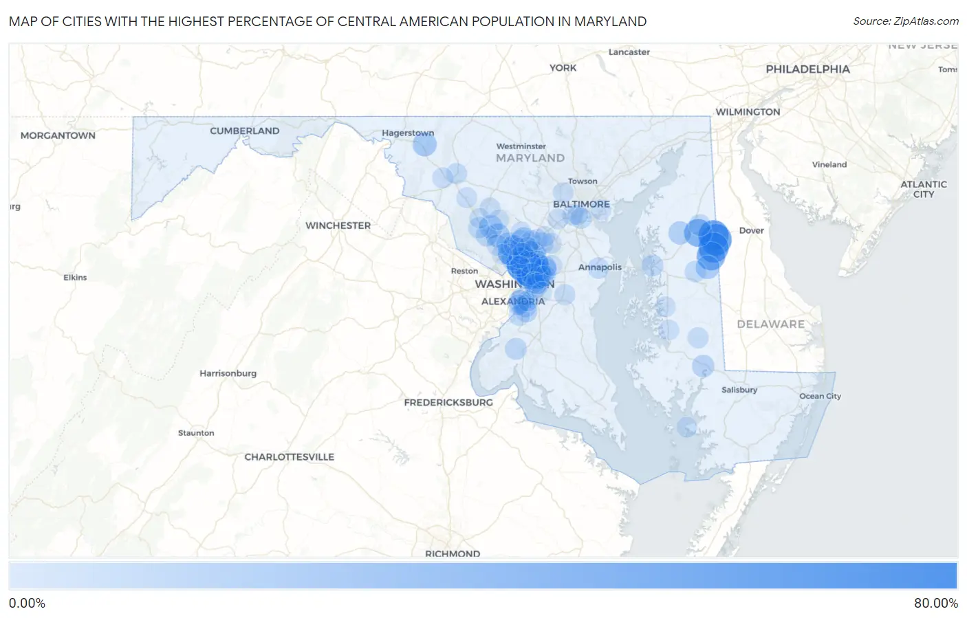 Cities with the Highest Percentage of Central American Population in Maryland Map