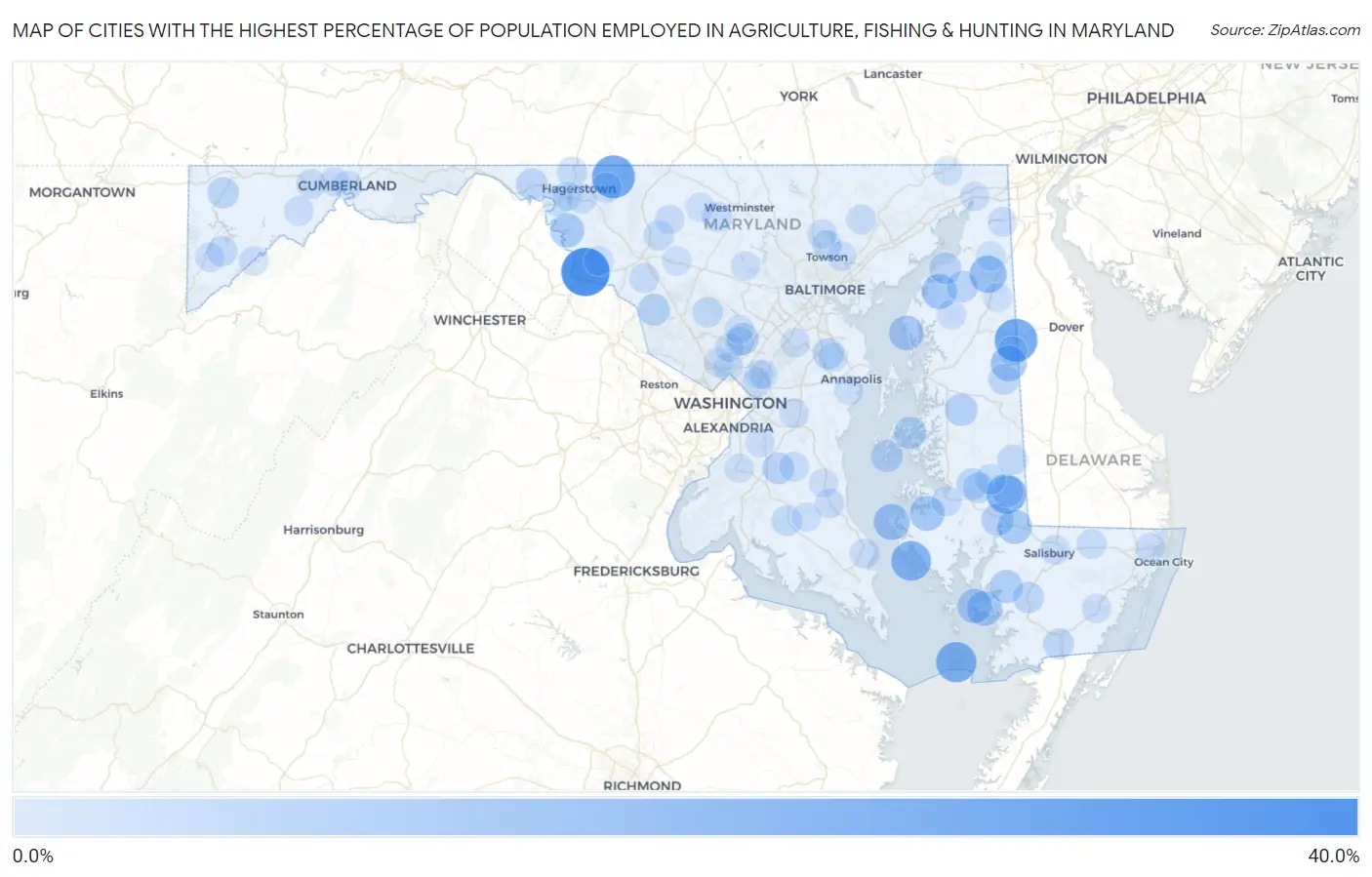 Cities with the Highest Percentage of Population Employed in Agriculture, Fishing & Hunting in Maryland Map