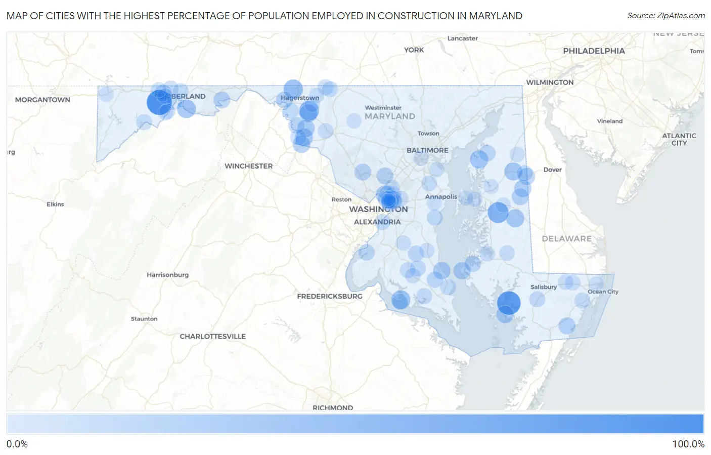 Cities with the Highest Percentage of Population Employed in Construction in Maryland Map