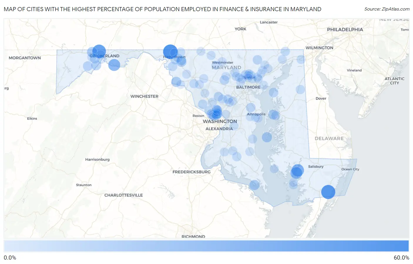 Cities with the Highest Percentage of Population Employed in Finance & Insurance in Maryland Map