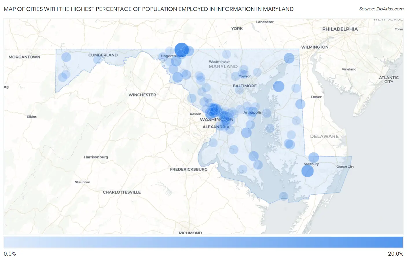 Cities with the Highest Percentage of Population Employed in Information in Maryland Map