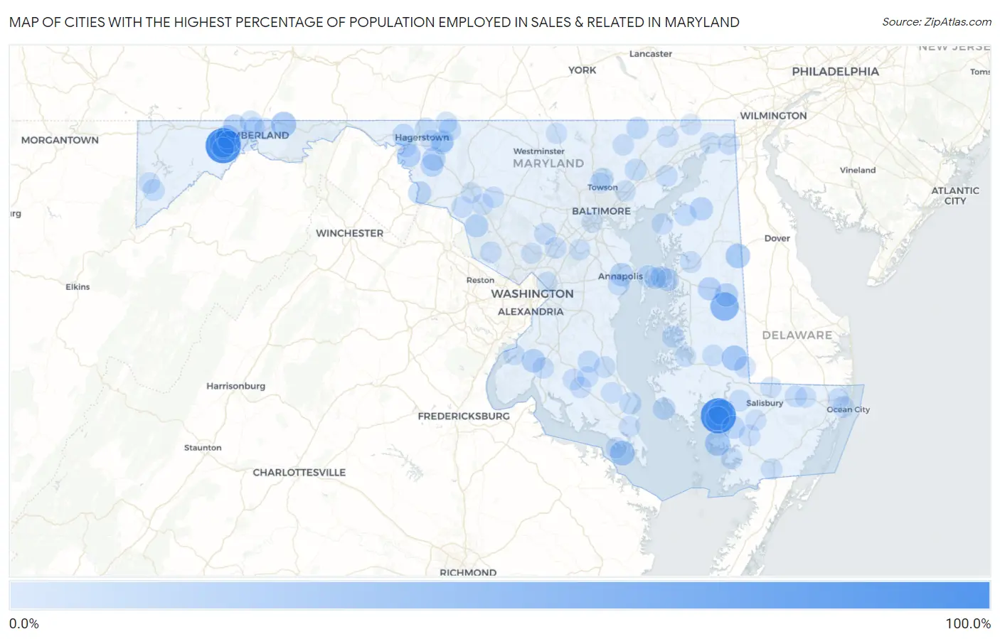 Cities with the Highest Percentage of Population Employed in Sales & Related in Maryland Map