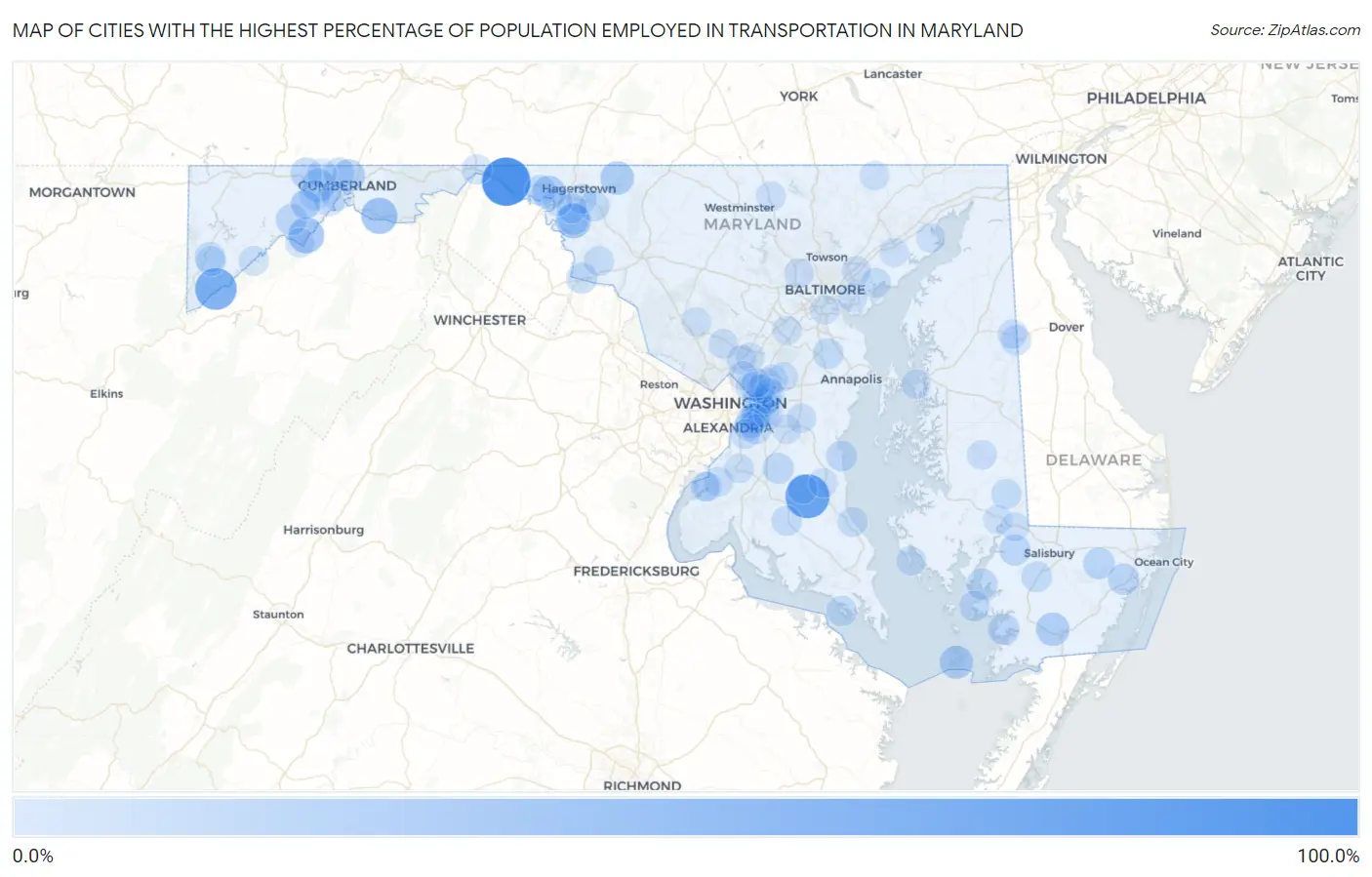 Cities with the Highest Percentage of Population Employed in Transportation in Maryland Map
