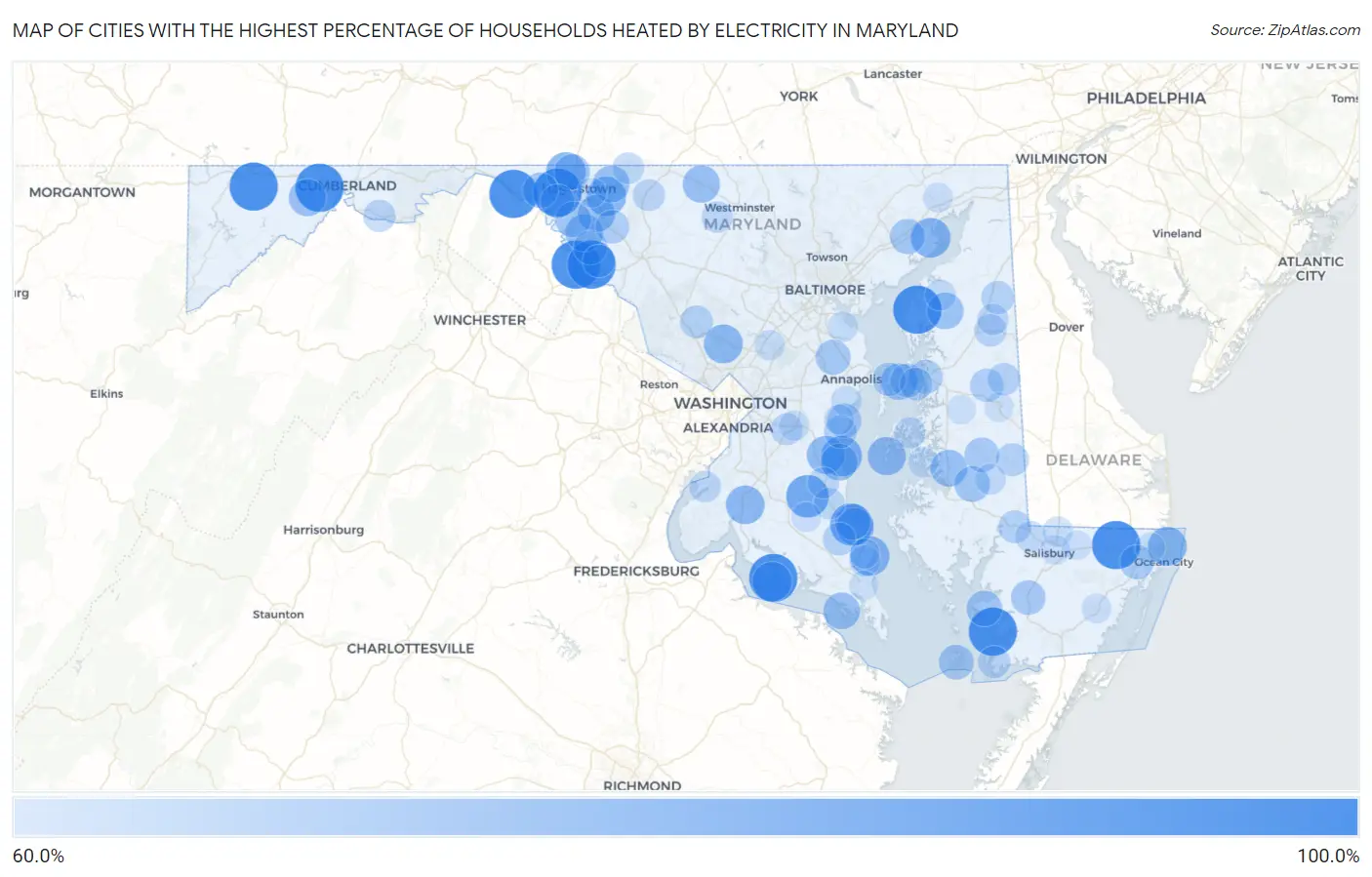 Cities with the Highest Percentage of Households Heated by Electricity in Maryland Map