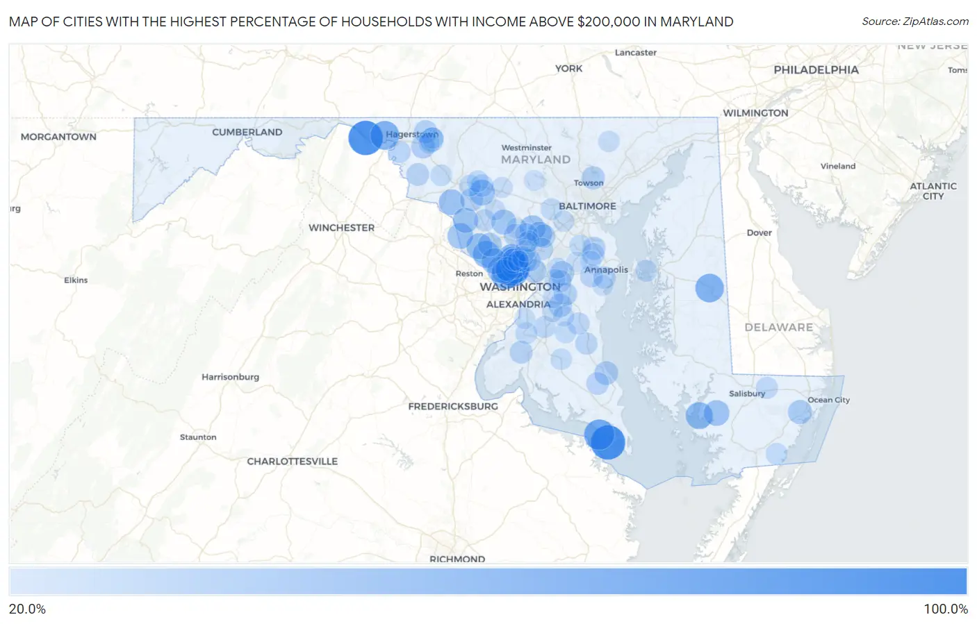 Cities with the Highest Percentage of Households with Income Above $200,000 in Maryland Map