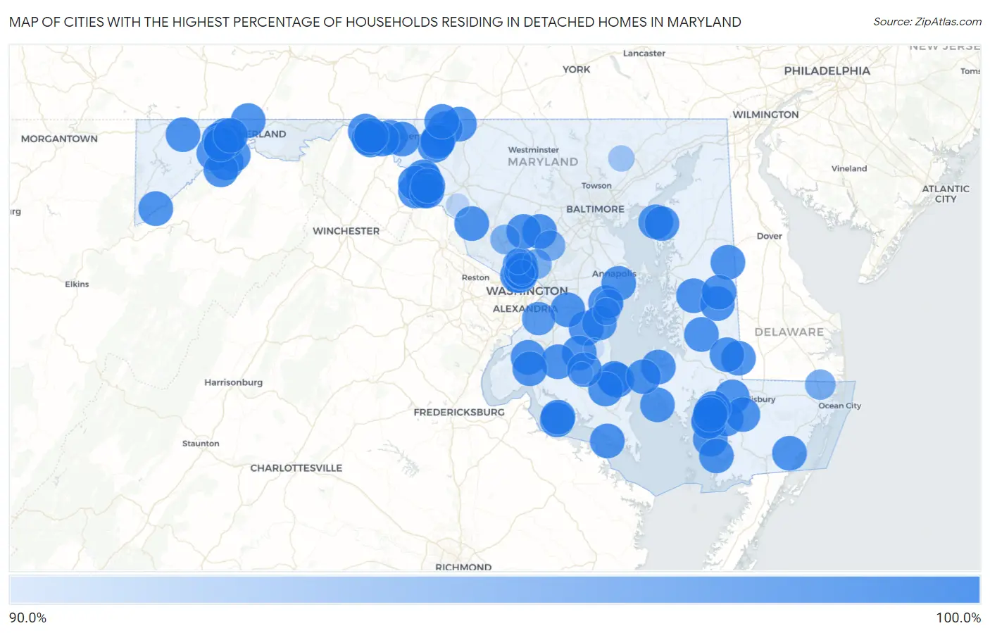 Cities with the Highest Percentage of Households Residing in Detached Homes in Maryland Map