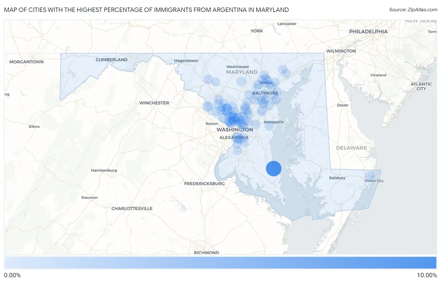 Cities with the Highest Percentage of Immigrants from Argentina in Maryland Map