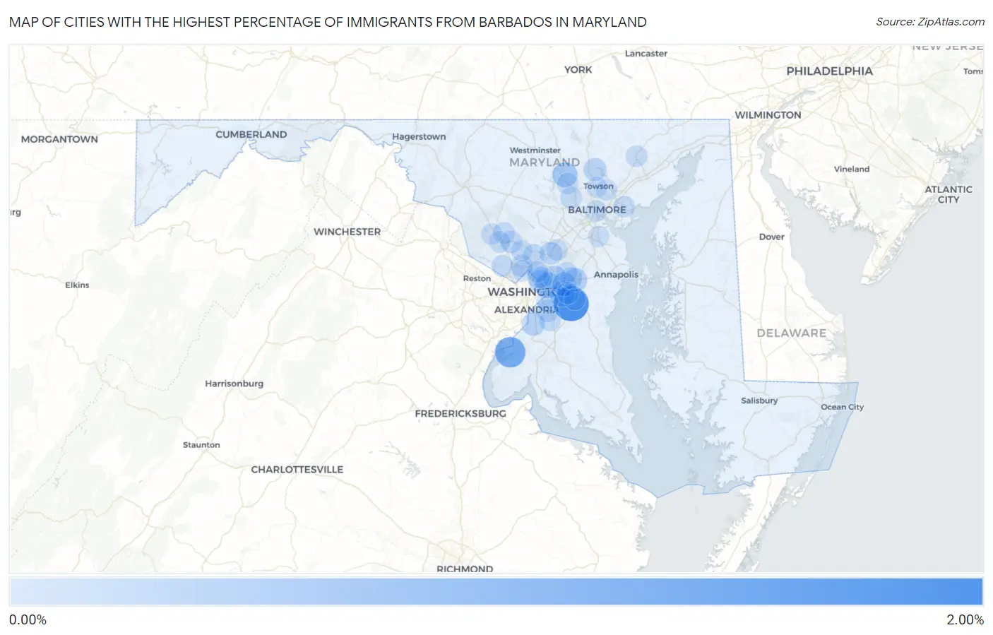 Cities with the Highest Percentage of Immigrants from Barbados in Maryland Map