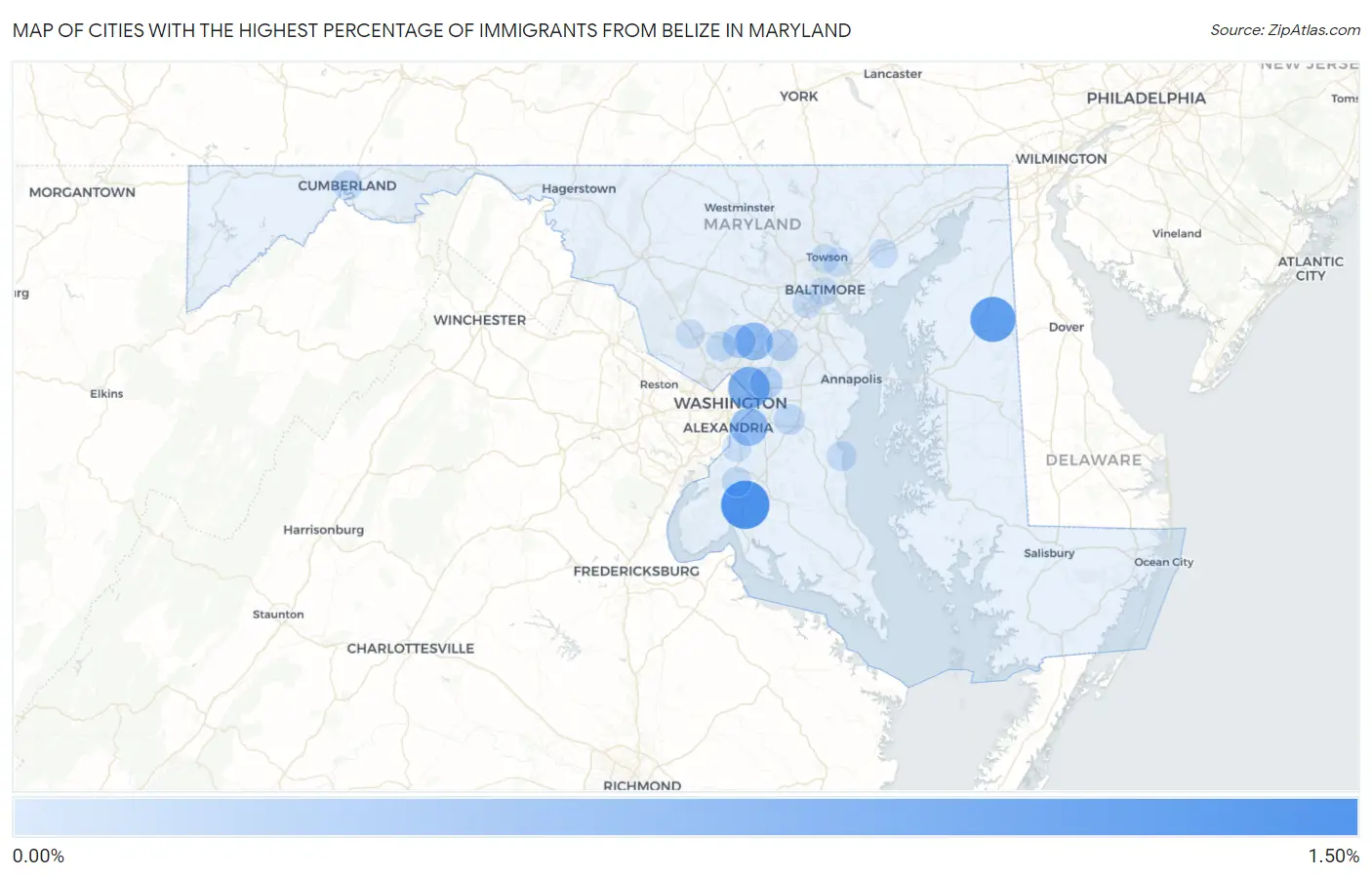 Cities with the Highest Percentage of Immigrants from Belize in Maryland Map