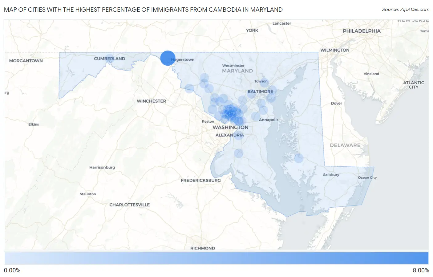 Cities with the Highest Percentage of Immigrants from Cambodia in Maryland Map
