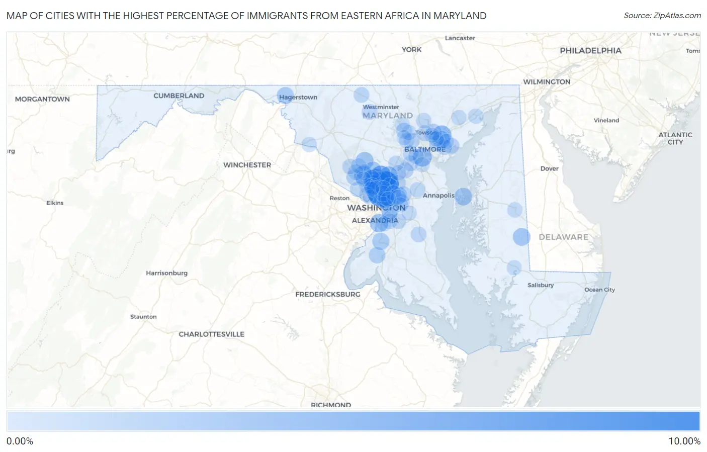 Cities with the Highest Percentage of Immigrants from Eastern Africa in Maryland Map