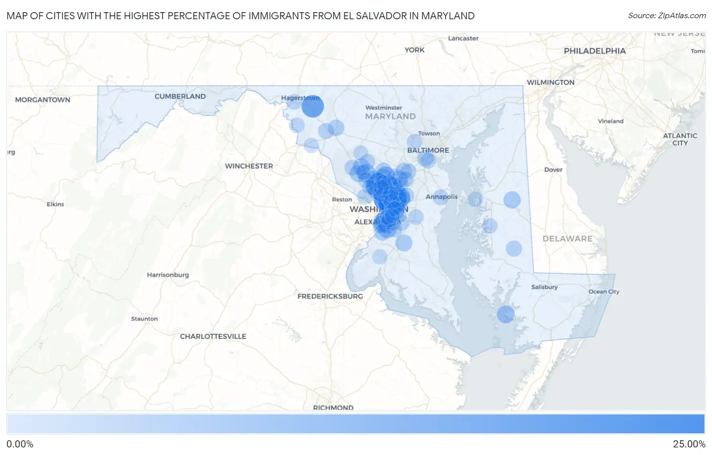 Cities with the Highest Percentage of Immigrants from El Salvador in Maryland Map