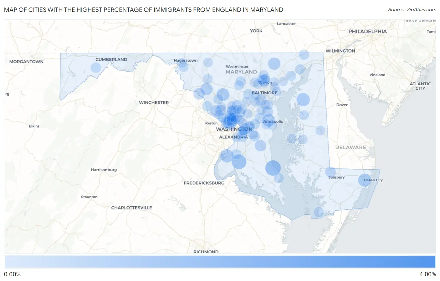 Cities with the Highest Percentage of Immigrants from England in Maryland Map