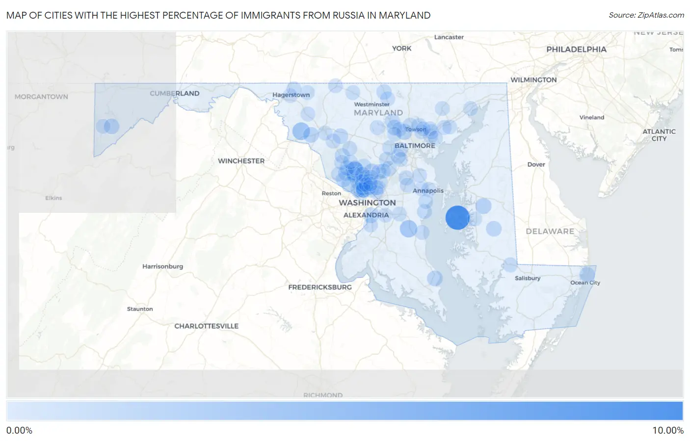 Cities with the Highest Percentage of Immigrants from Russia in Maryland Map