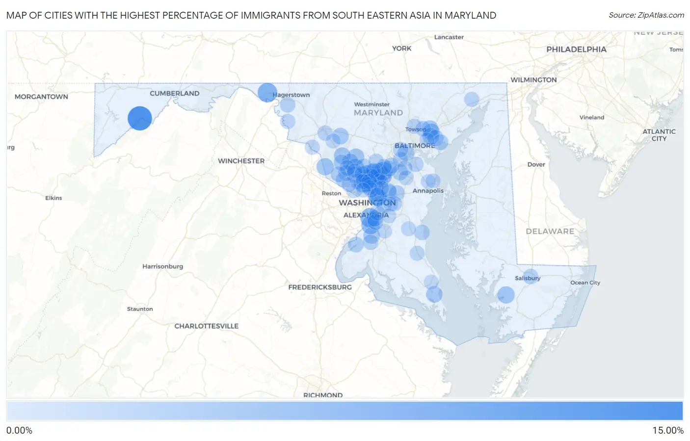 Cities with the Highest Percentage of Immigrants from South Eastern Asia in Maryland Map