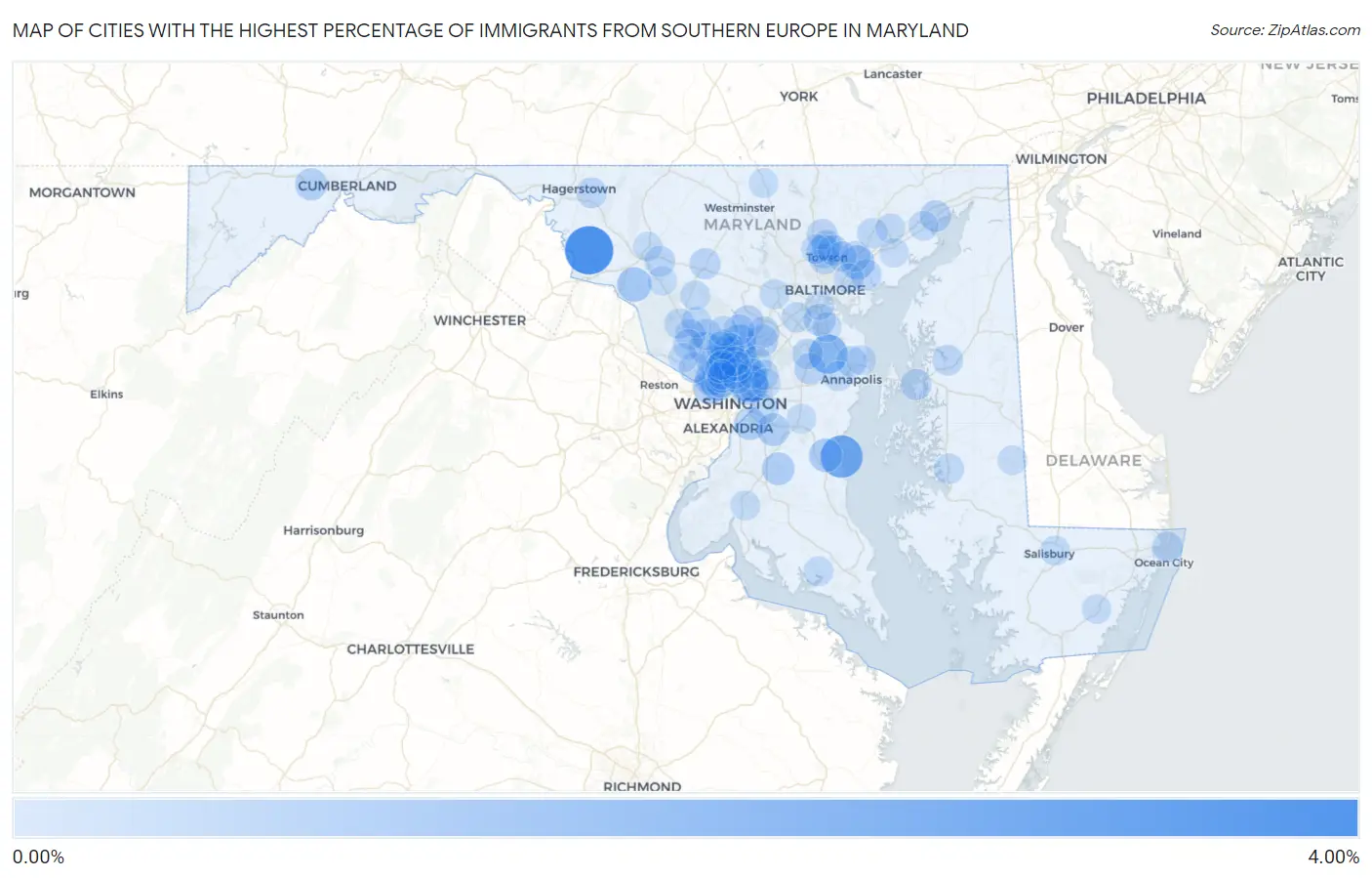 Cities with the Highest Percentage of Immigrants from Southern Europe in Maryland Map