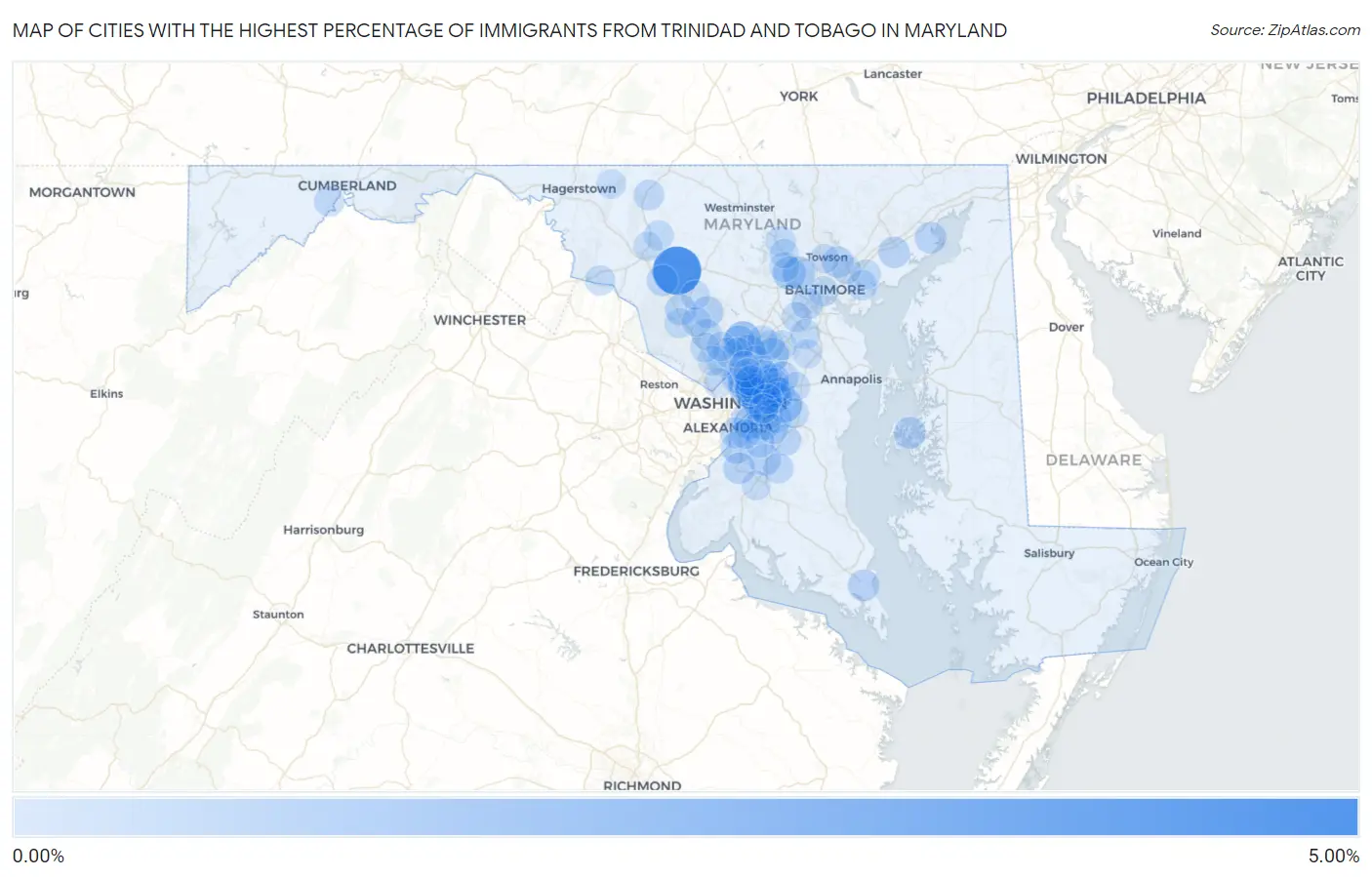 Cities with the Highest Percentage of Immigrants from Trinidad and Tobago in Maryland Map