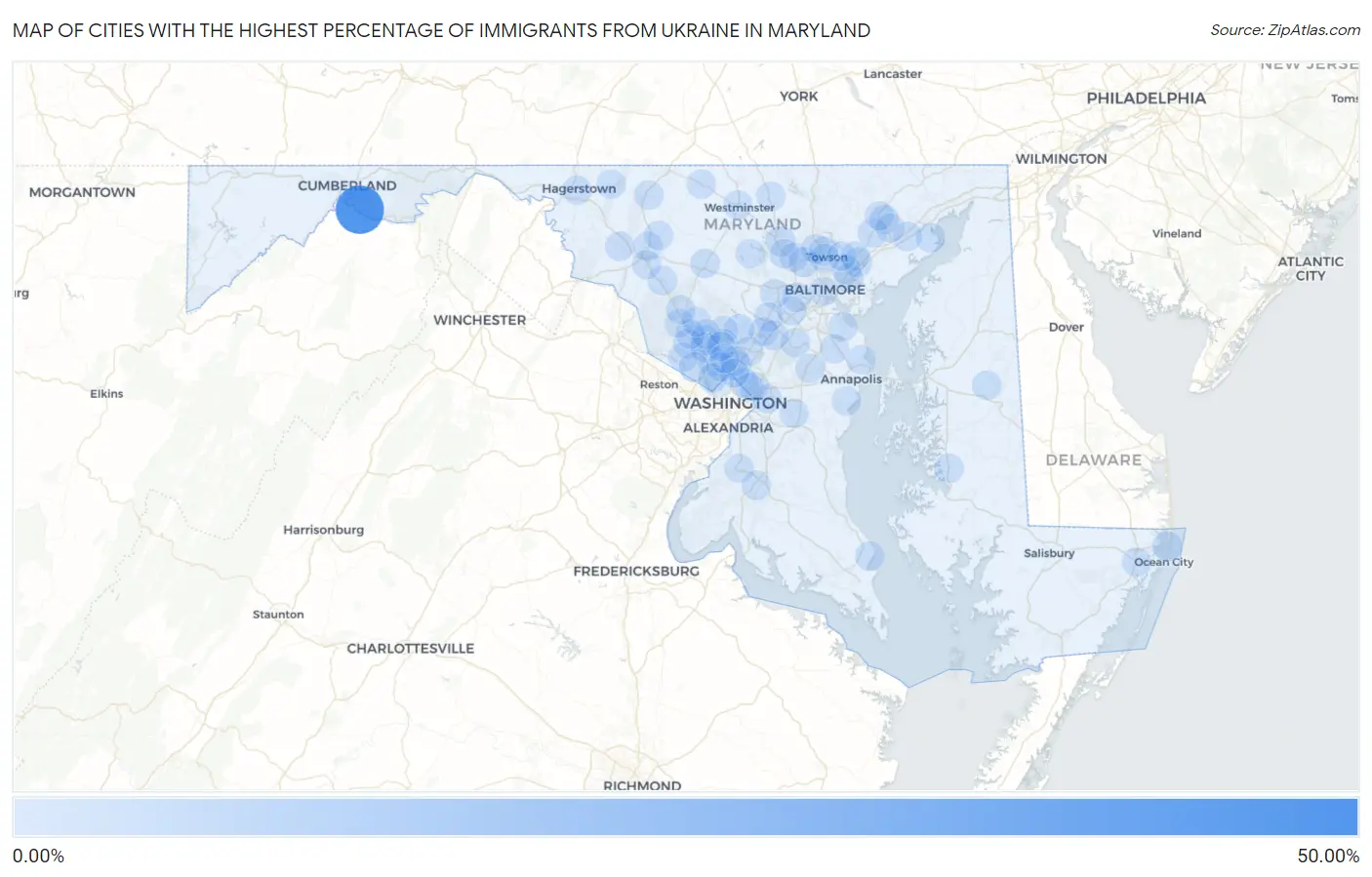 Cities with the Highest Percentage of Immigrants from Ukraine in Maryland Map