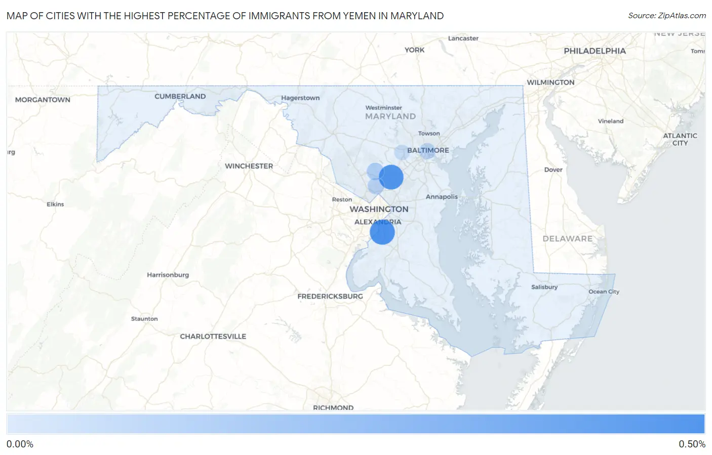 Cities with the Highest Percentage of Immigrants from Yemen in Maryland Map
