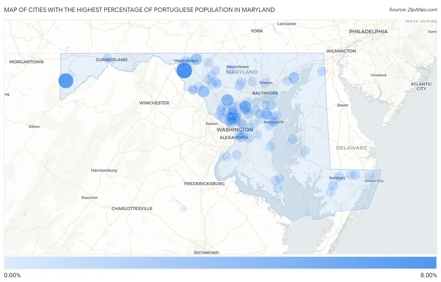 Cities with the Highest Percentage of Portuguese Population in Maryland Map