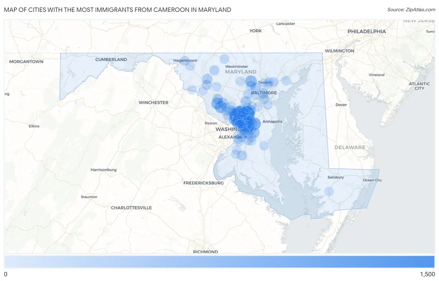 Cities with the Most Immigrants from Cameroon in Maryland Map