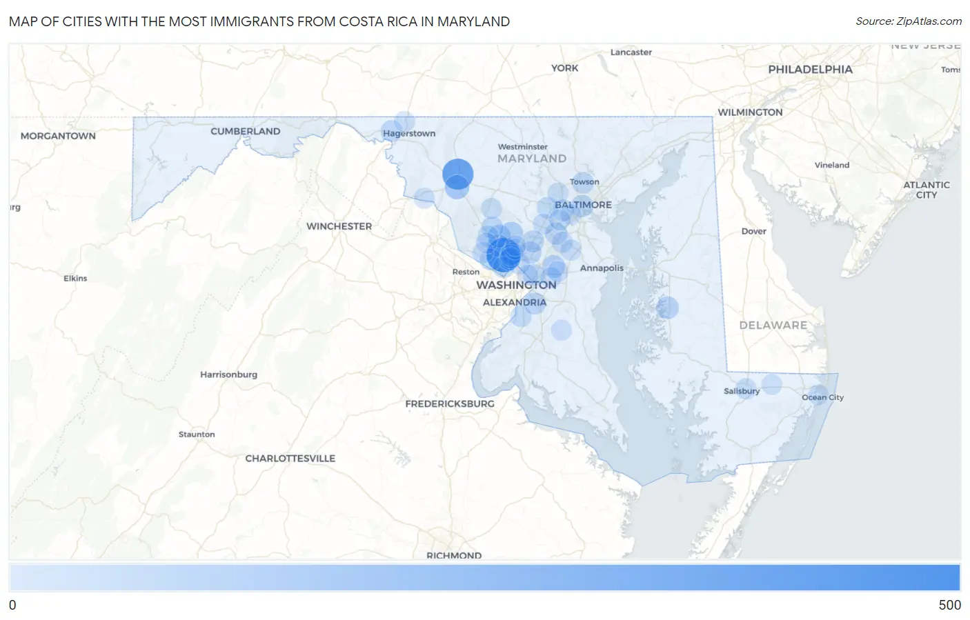 Cities with the Most Immigrants from Costa Rica in Maryland Map
