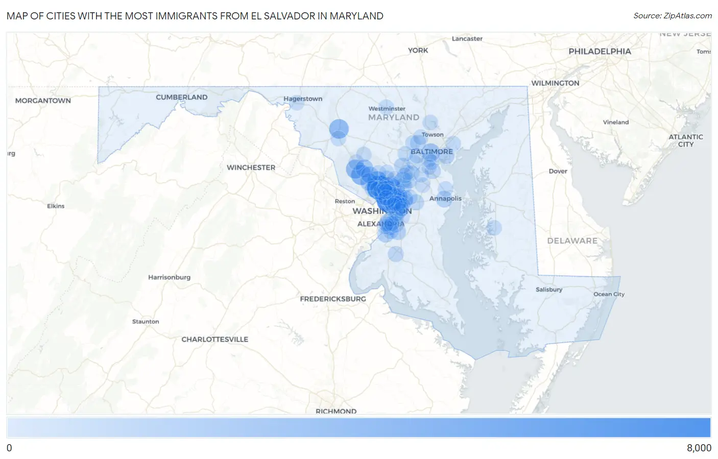 Cities with the Most Immigrants from El Salvador in Maryland Map