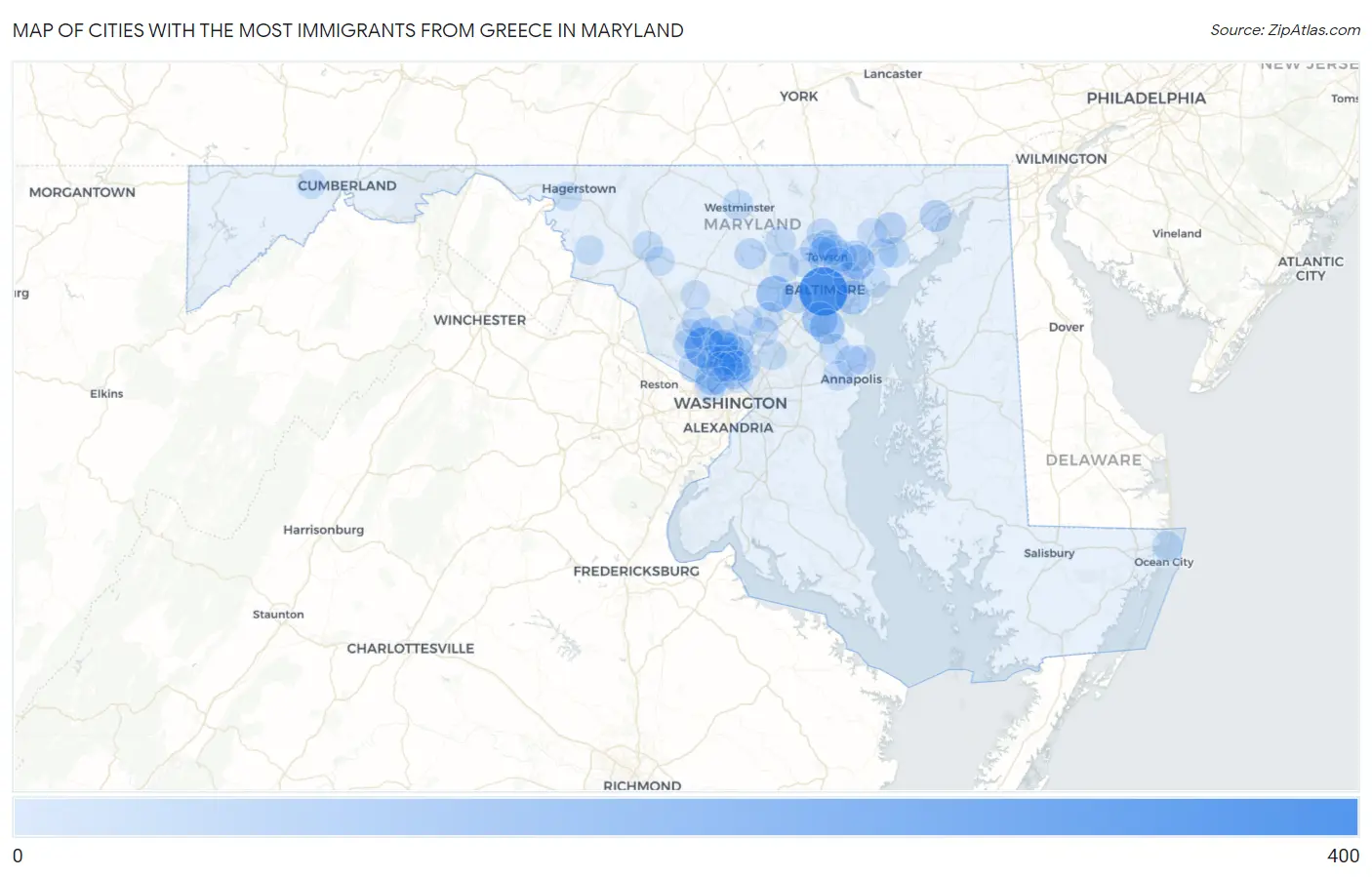 Cities with the Most Immigrants from Greece in Maryland Map