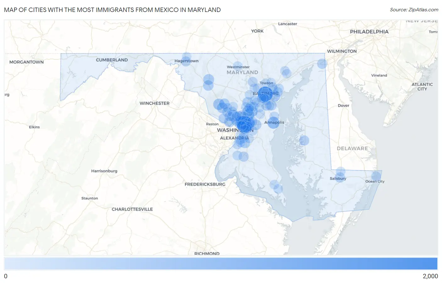 Cities with the Most Immigrants from Mexico in Maryland Map