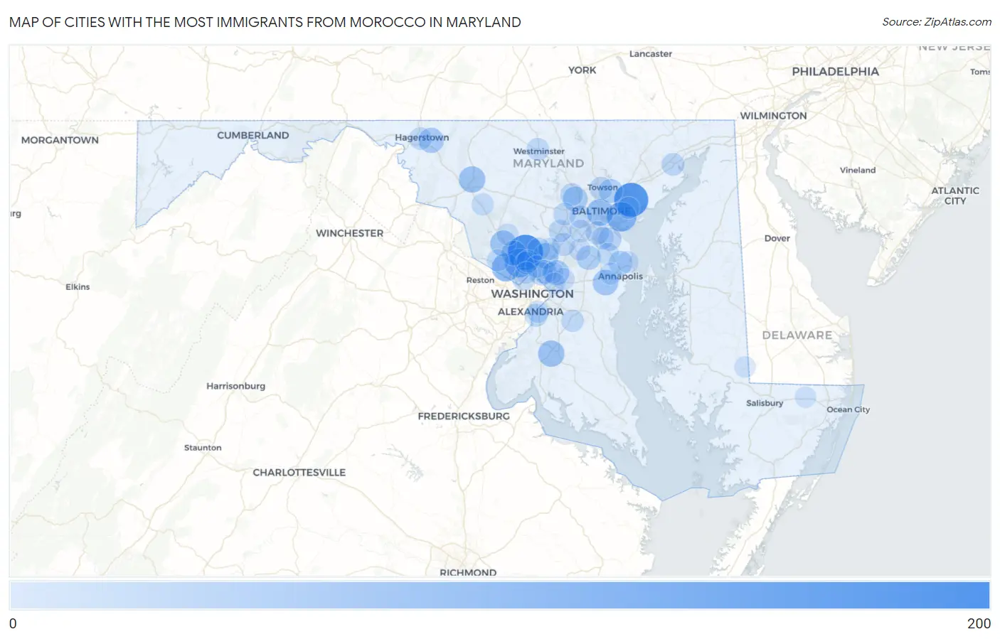 Cities with the Most Immigrants from Morocco in Maryland Map