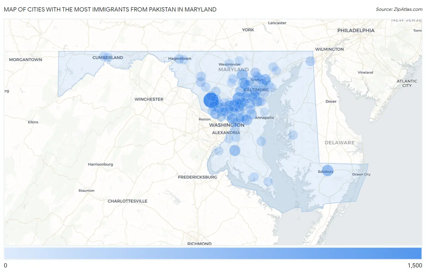 Cities with the Most Immigrants from Pakistan in Maryland Map