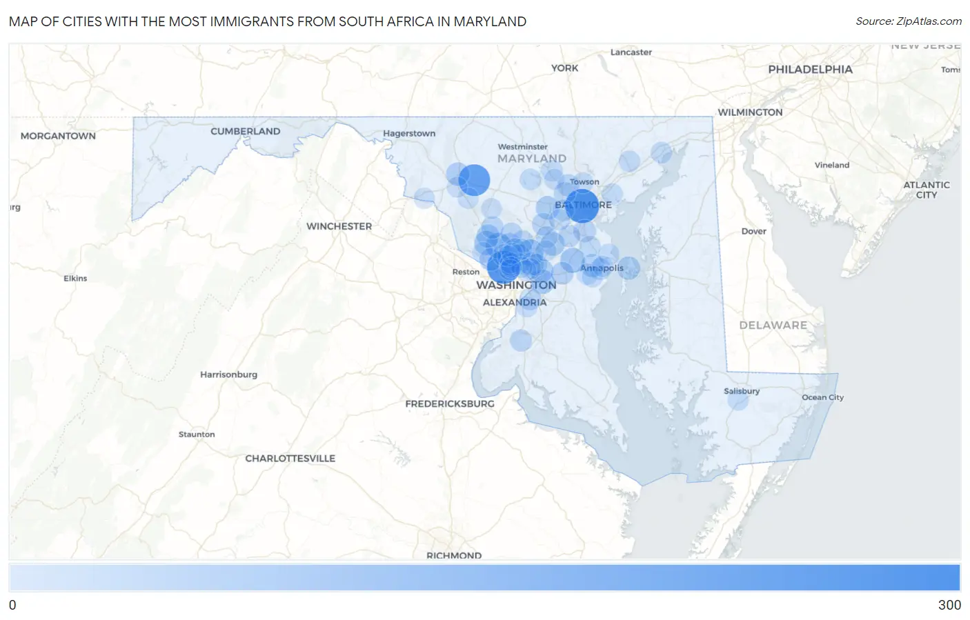 Cities with the Most Immigrants from South Africa in Maryland Map
