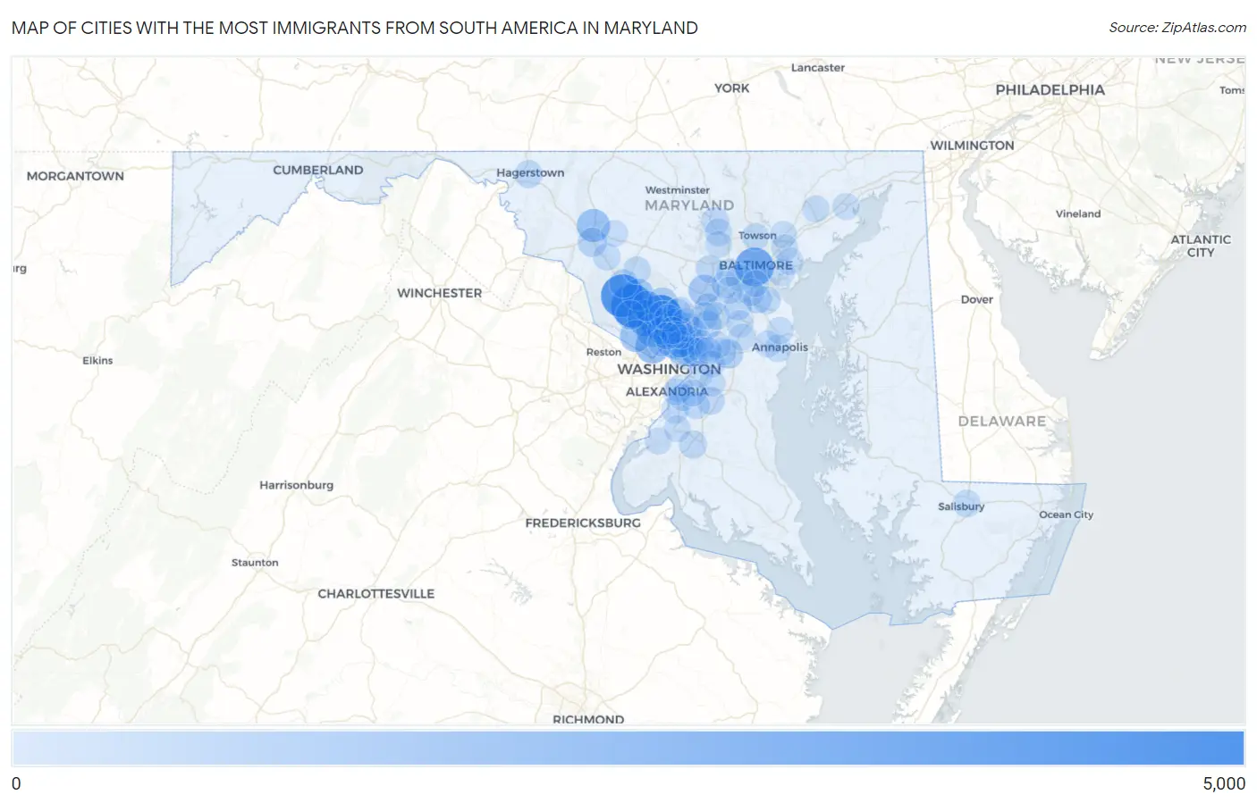 Cities with the Most Immigrants from South America in Maryland Map
