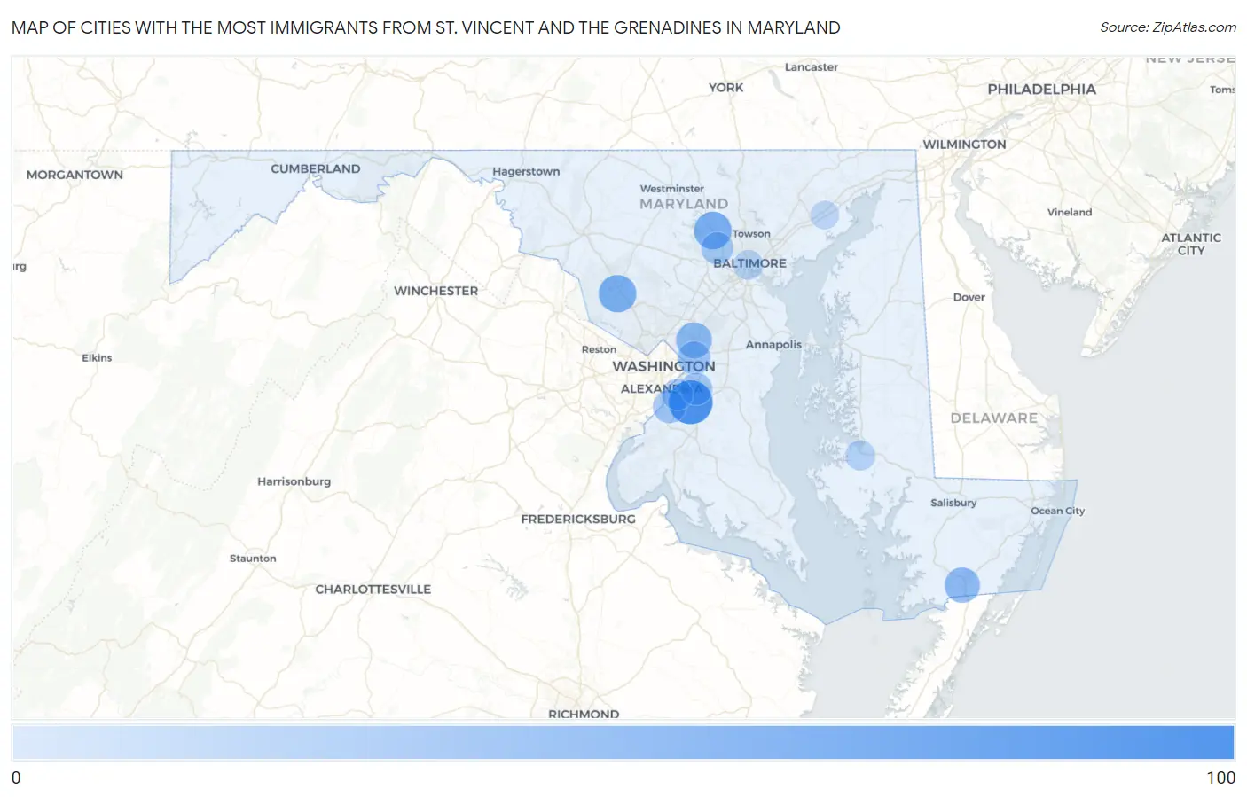 Cities with the Most Immigrants from St. Vincent and the Grenadines in Maryland Map