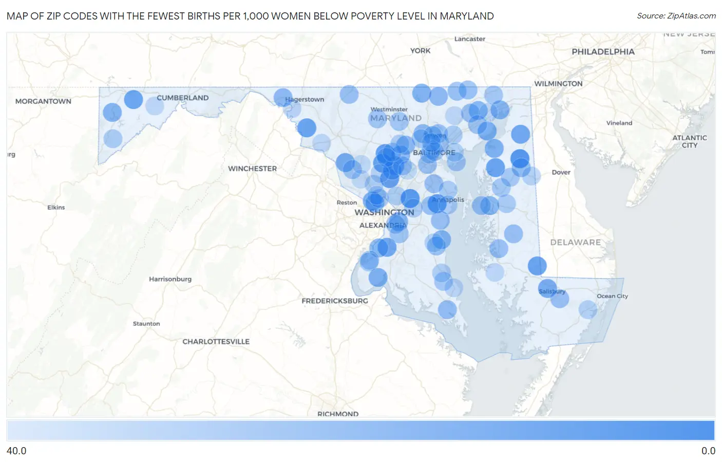Zip Codes with the Fewest Births per 1,000 Women Below Poverty Level in Maryland Map